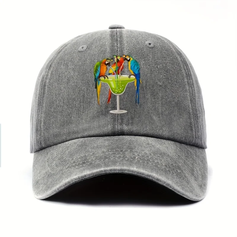 Parrot Drinking Margarita Print Women'S Baseball Cap, Printed with 3 Colorful Animal Parrots Wearing Glasses And Wine Glass Patt