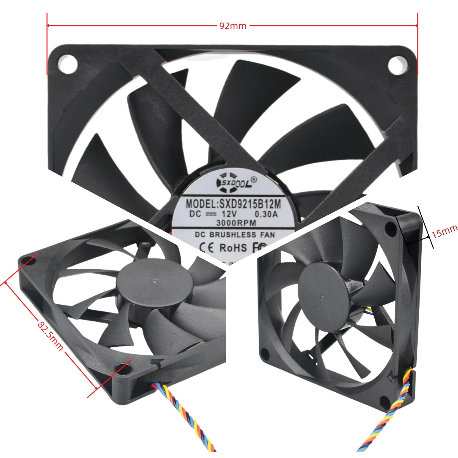 SXD9215B12M Ultra-Thin Silent DC Brushless Cooling Fan 92x92x15mm with PWM, Dual Ball Bearings, 3000RPM for PC Case, Servers