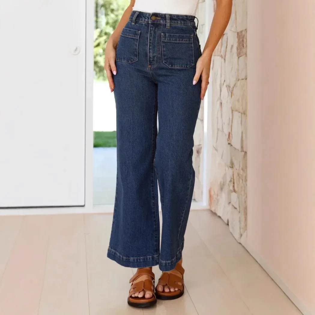 Women Retro Y2K Loose Wide Leg Pants Ankle Length High Waist Fashion Denim Jeans Pants