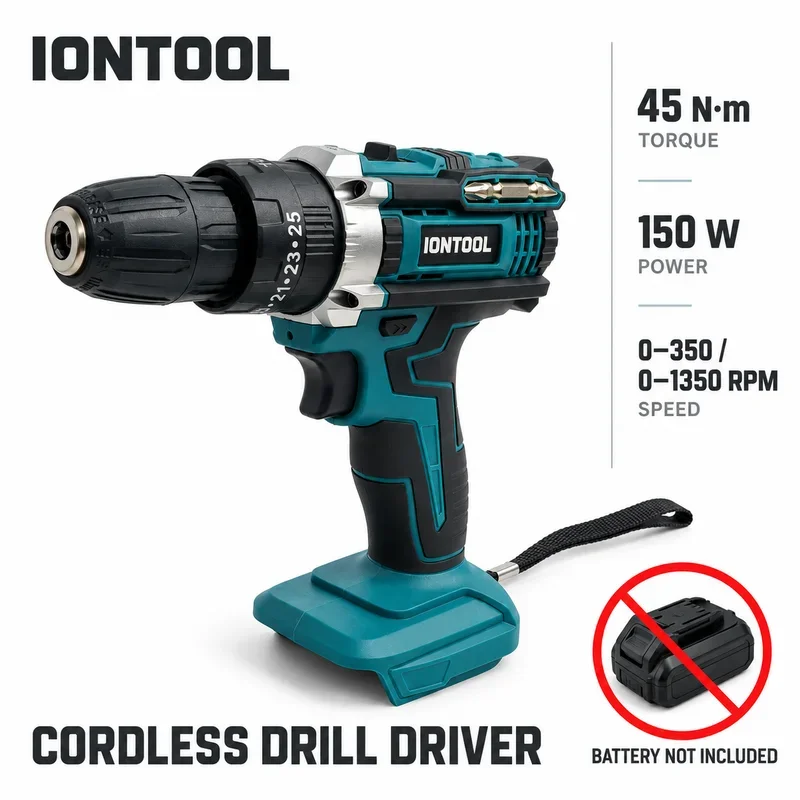 IONTOOL Handheld Cordless Drill Driver 2 Speed Power Tool for Wood Metal Drilling Home DIY and Equipment Installation