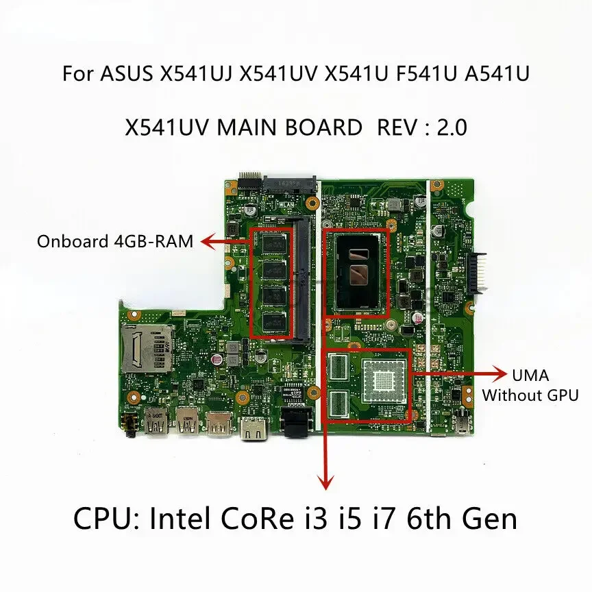 

Для ASUS X541UJ X541UV основная плата i3-6100U i5-6198DU i7-6500U CPU UMA 4 ГБ ОЗУ-Используется