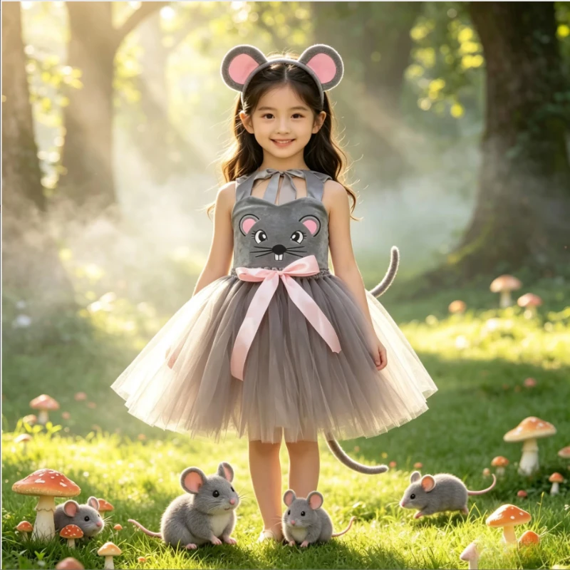 Grey Cartoon Mouse Fluffy Mesh Dress Lightweight Voluminous Skirt Ideal for Holiday Parade Ballet Recital Character Costume