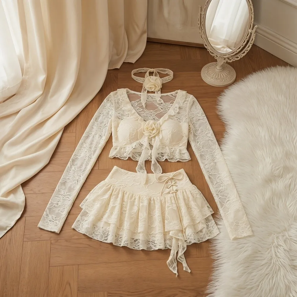 Ruffle Lace Long Sleeve Swimsuit Skirt Style Bikini Suit Flower Ladies Ruffle Bathing Suit Jellyfish Elf Mesh Belt