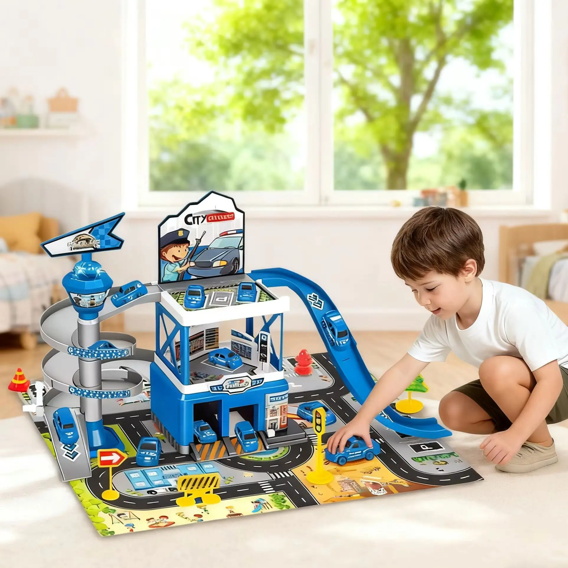 

DIY Assembled Track City Parking Lot Lights Rail Car Inertia Vehicle Engineering Car Toys with 3 Piece Alloy Race Car Boys Gift