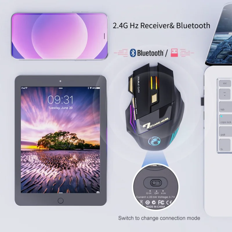 X7 ماوس ألعاب لاسلكي 2.4G BT5.0 وضع مزدوج RGB ضوء التنفس 3200 ديسيبل متوحد الخواص نوع-C قابلة للشحن 7 مفاتيح الفئران الصامتة سطح المكتب المحمول