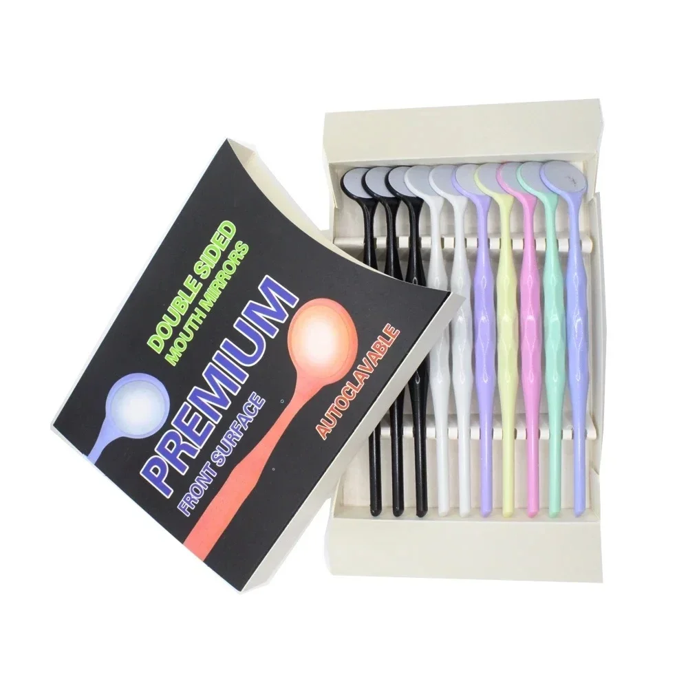 

10pcs/Box Dental Double Sided Mouth Mirrors With Handle Random Colors Autoclavable Surface Exam Reflectors Oral Tooth Whitening