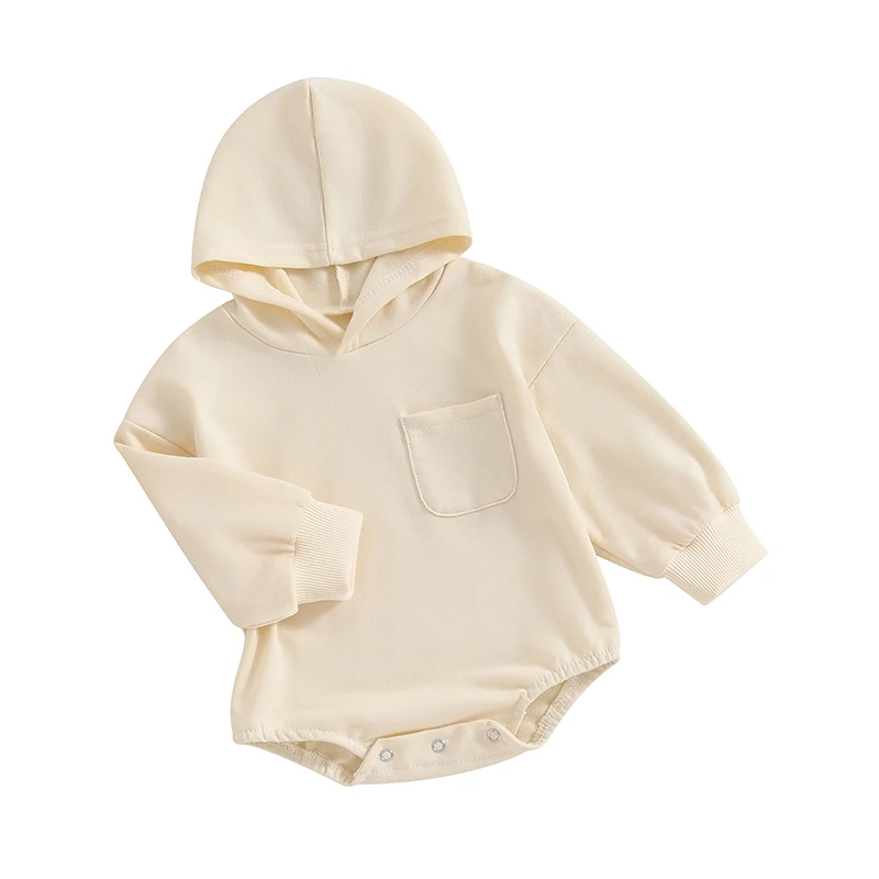 Baby Hooded Romper Long Sleeve Chest Pocket Solid Color Bodysuit Newborn Playsuit