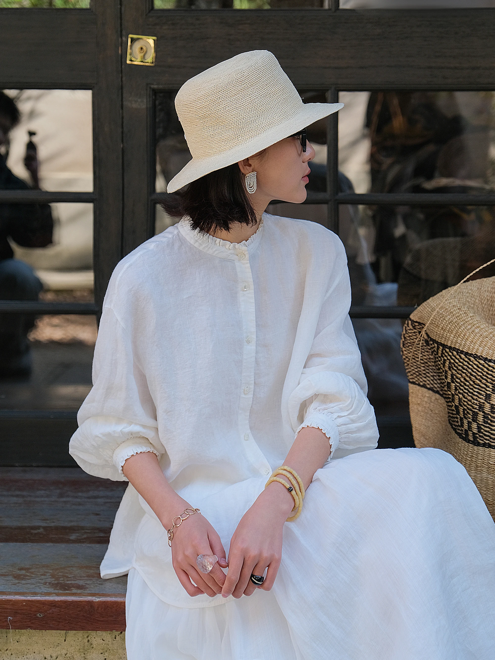 

Mallin Spring New Han Haax Long Sve irt Small Stand Collar Button Detail Casual Loose Fit Breathable Women's irt