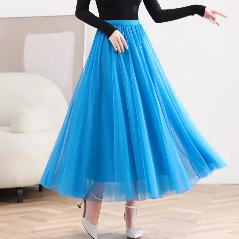 

2023 Hot Sale Women Long Skirts Spring Summer High Waist Mesh Gauze Skirt Female Sweet A- line Skirt Triple layer Dance Skirt