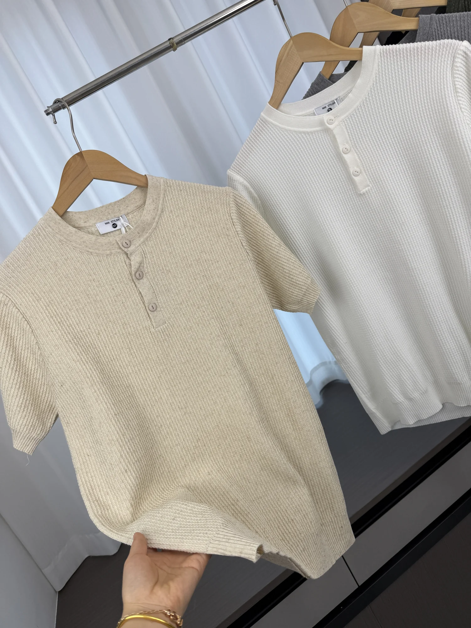 Cleanfit Knitted Short Sleeve T-Shirt Men's Summer Casual Henley Neck Texture Pattern Breathable Comfortable Old Money Style