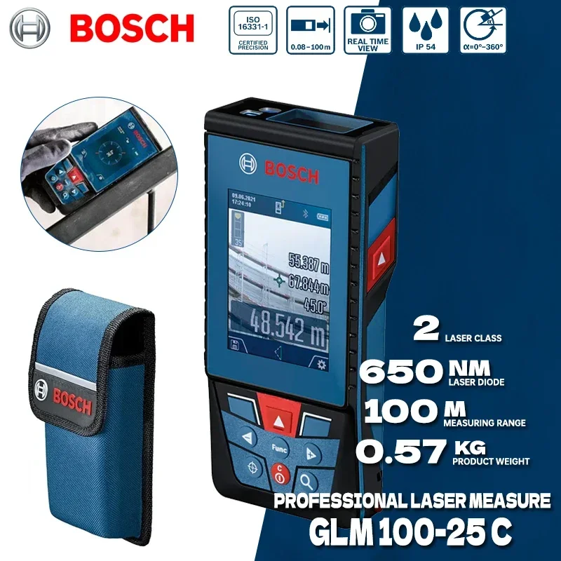 Medidor Láser BOSCH GLM 100-25 C, Medidor de Distancia de 100M, Cámara Integrada, Telémetro de Alta Precisión, Herramienta de Medición GLM100-25C