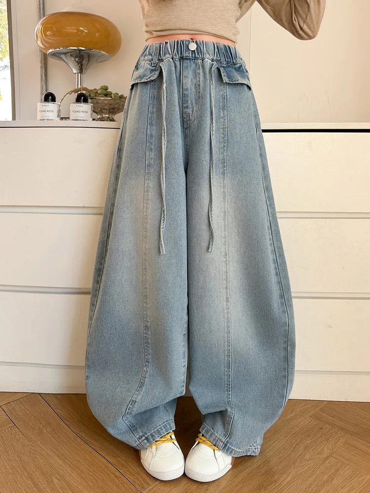 女の子用ジーンズ-春秋新作-カジュアル-ワイドレッグパンツ-スプライシング-スリミング-ナイフエッジ-子供服-キッズ用ズボン