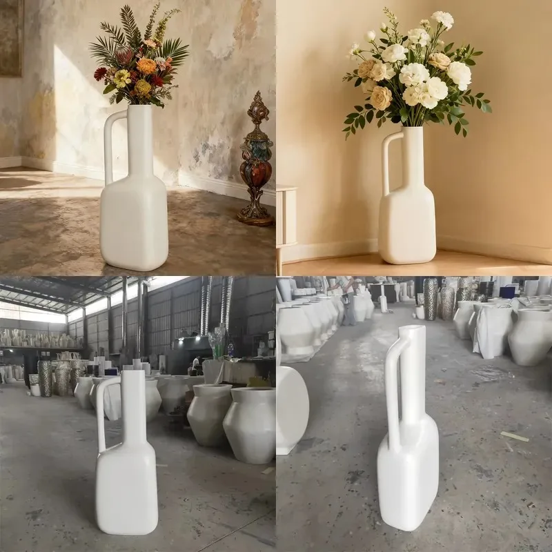 Modern Minimalist Eco Friendly Matte Ivory Fiberglass Floor Vase with Dried Flowers for Home and Shopping Center Decoration