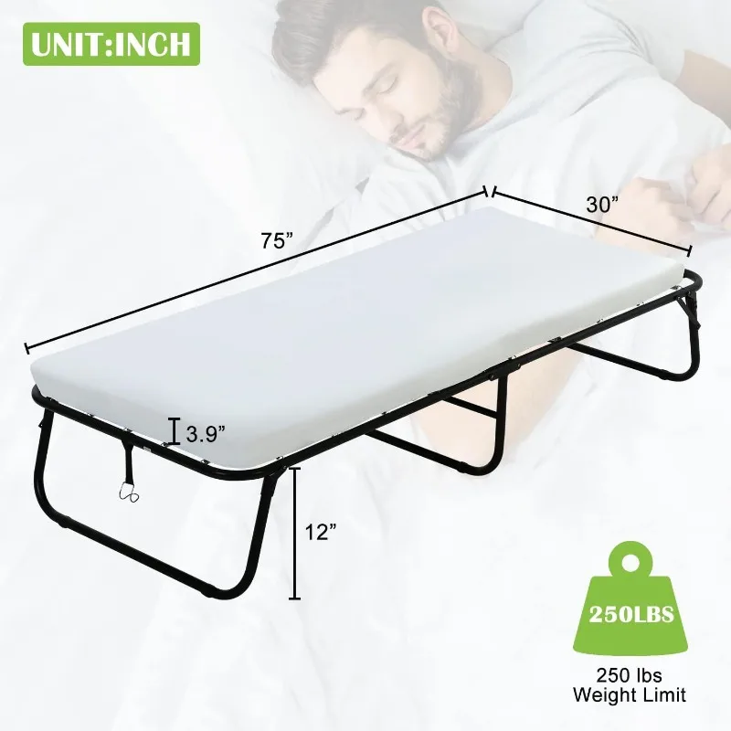 

Folding Bed with Memory Foam Mattress and Portable Metal Frame with Wheels Foldable Extra Guest Bed Easy Storage Space أسرّة