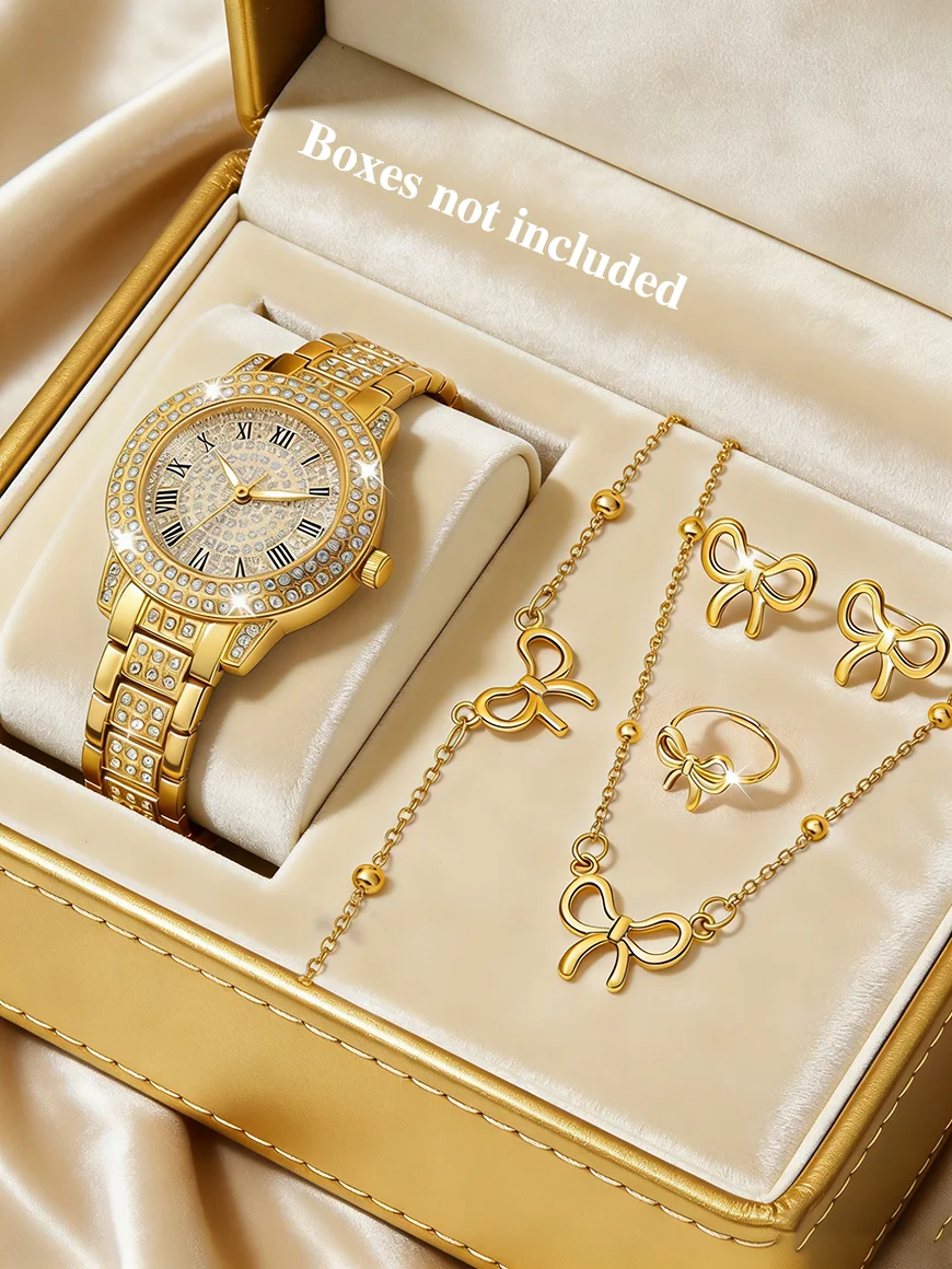 Fashionable round Ladies Quartz Watch And Hollow Embedded Jewelry Set Versatile Gift for Birthdays Elegant Accessory Set No Box