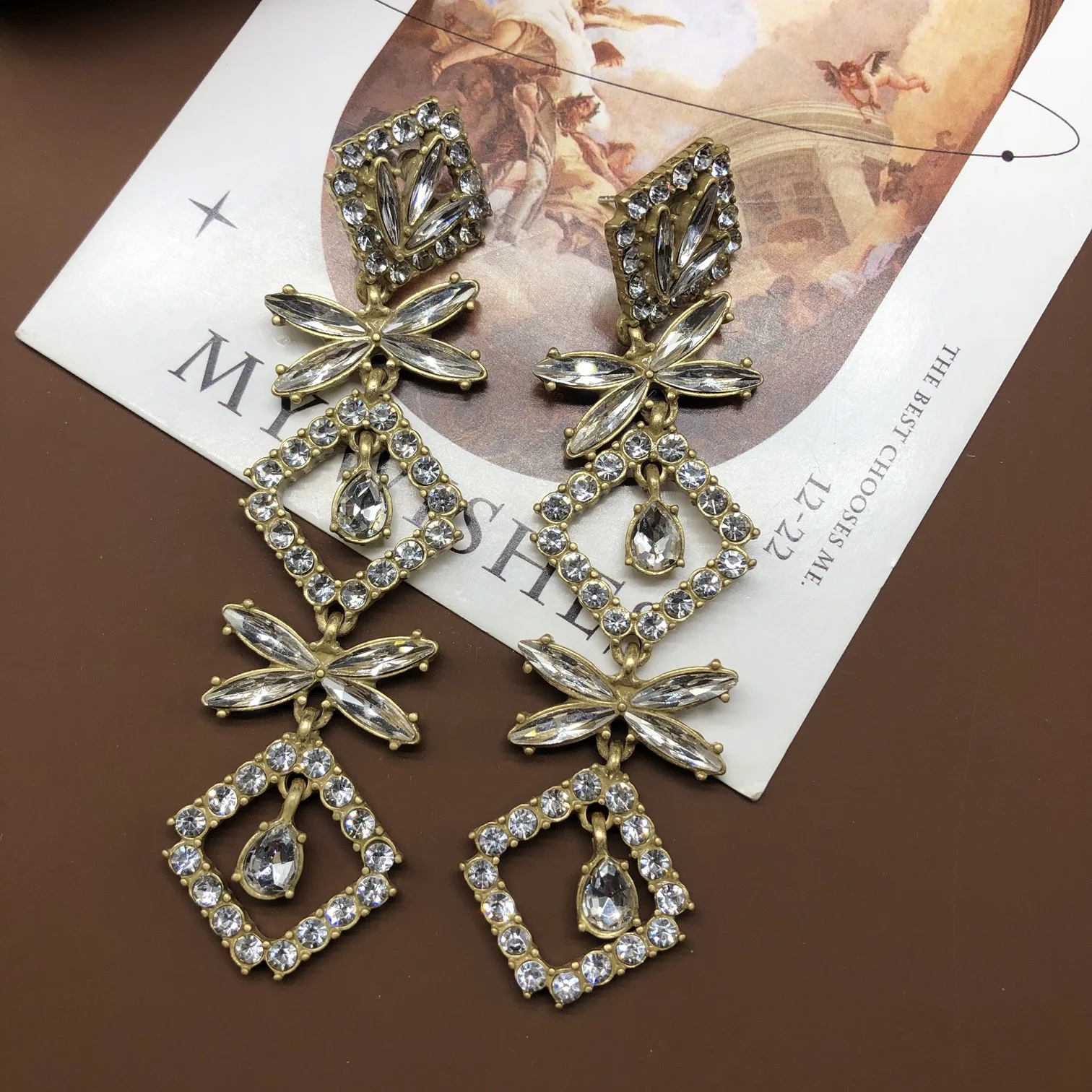 Long hollow earrings fully rhinestone studded fashionable Geometry retro stud earrings
