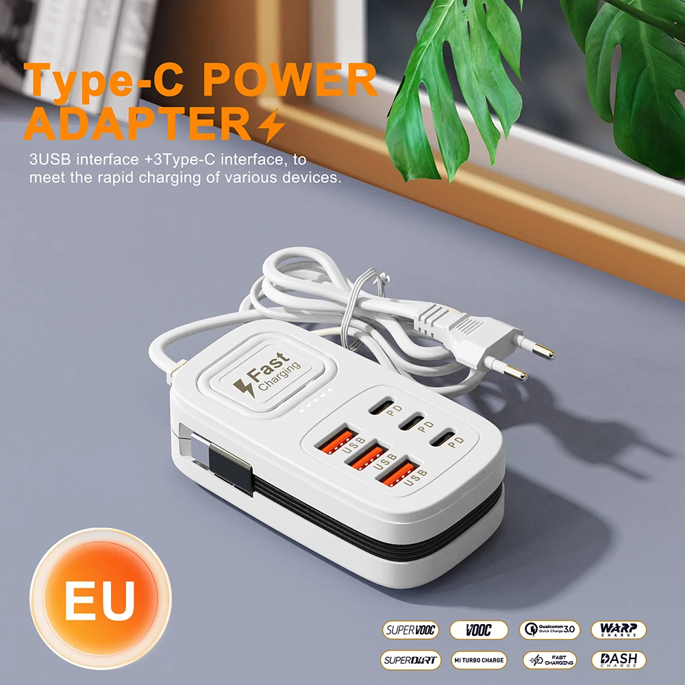 6-in-1-Schnellladestation, Multi-Port-USB-Typ-C-Desktop-Ladegerät, Steckdose, Ladeadapter für mehrere Geräte, EU-, US- und UK-Stecker