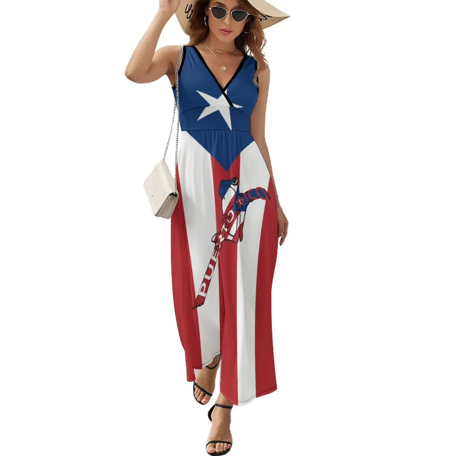 

Puerto Rico Flag Dress LadiesKawaii Maxi Dress V Neck High Waist Korean Fashion Custom Bohemia Long Dresses