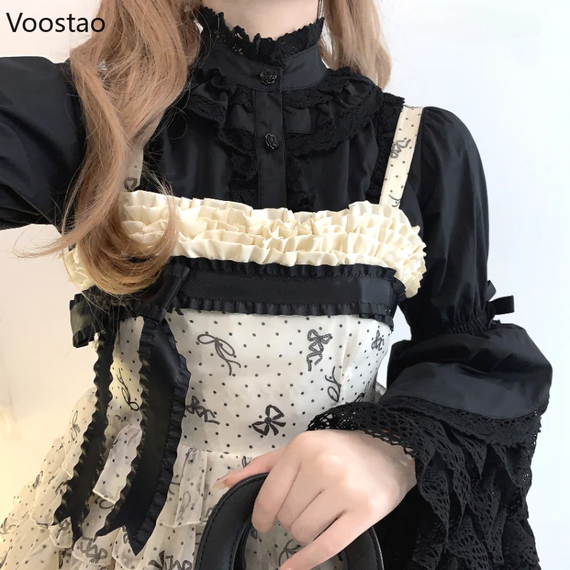 Japanese Sweet Lolita Shirts Women Vintage Victorian Gothic Bow Flare Sleeve Lace Ruffles Y2k Blouse Elegant Female Casual Tops