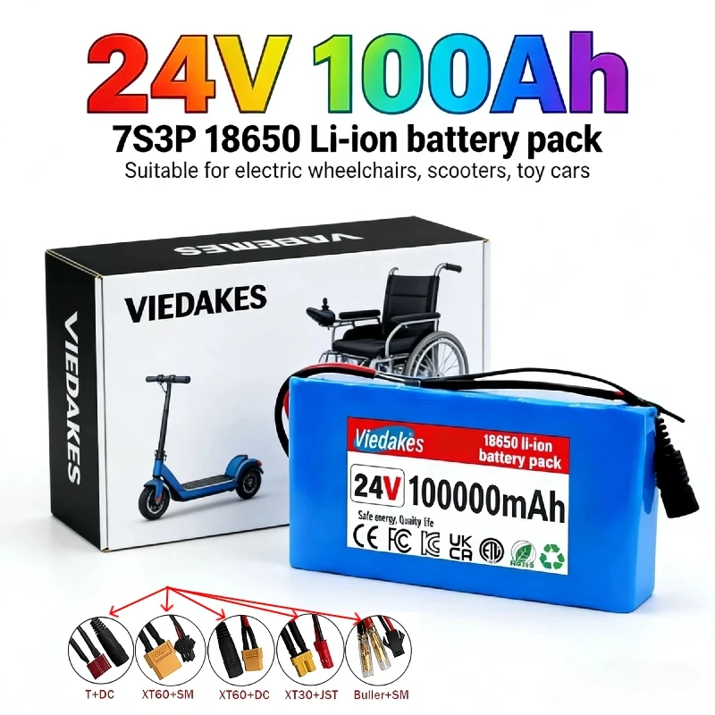 

24V 100Ah 7S3P Battery Pack 18650 with BMS 29.4V 2A Charger for Electric Scooter Wheelchair Mobility