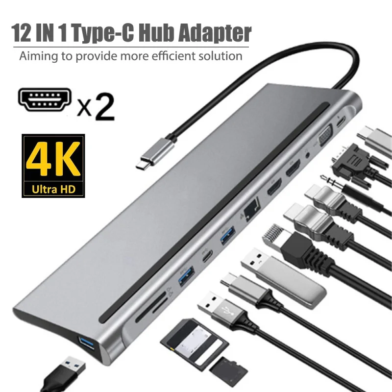 12 in 1 USB C Docking Station Multiport Type C Hub Adapter 4K HDMI VGA RJ45 Ethernet 100W Charging Adapter for Type-C Laptop