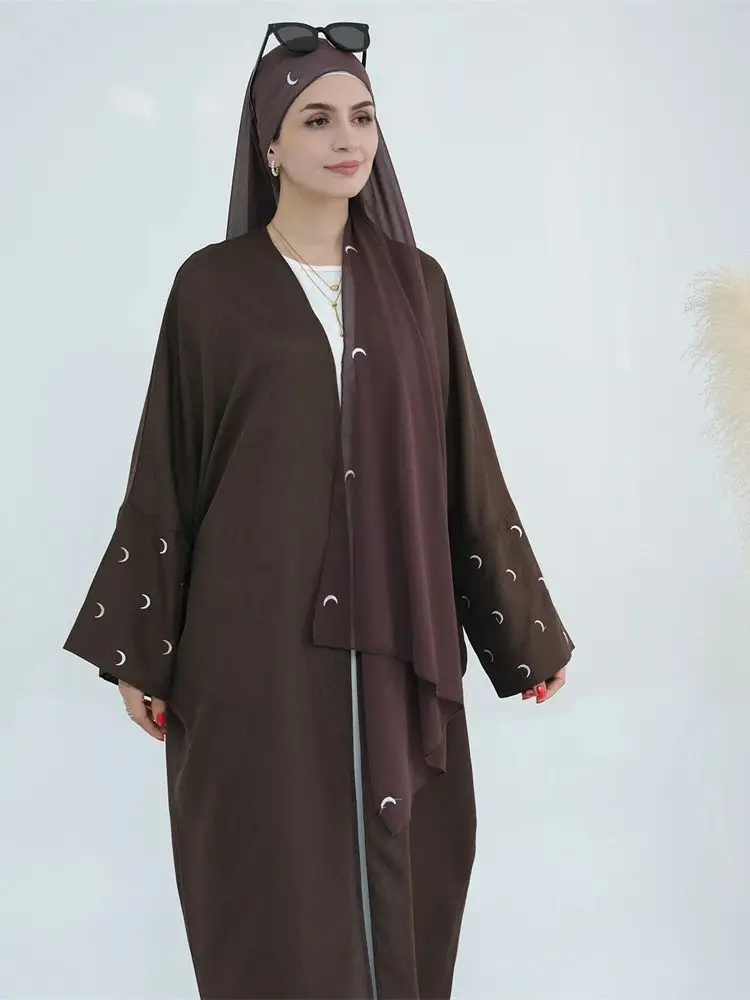 Ramadan Eid Embroidery Moon Hijab Modest Kimono Abaya Dubai Luxury Kaftan Muslim Coat Sets Islam For Women Caftan Robe Musulmane