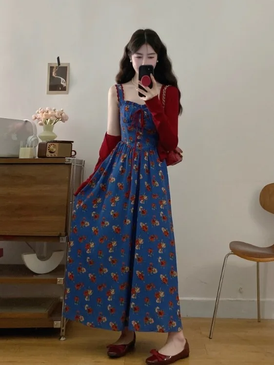 

plus Size Floral Print Square Collar Splice Strapless Dress Women Summer New Waist Cinched Sweet A-Line Long Dress