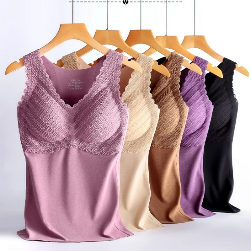 Women Thermal Underwear Top with Chest Pad Vest Seamless Underwear Winter Warm Tops 2-in-1 Built-in Bra Undershirt Camisole