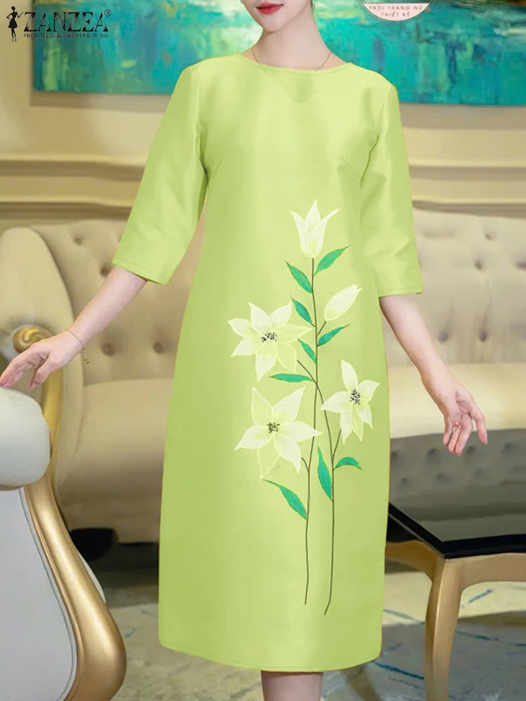 ZANZEA femmes Satin robe mi-longue 2025 automne décontracté ample col rond 3/4 manches impression florale Robes Femme élégant déplacements robes