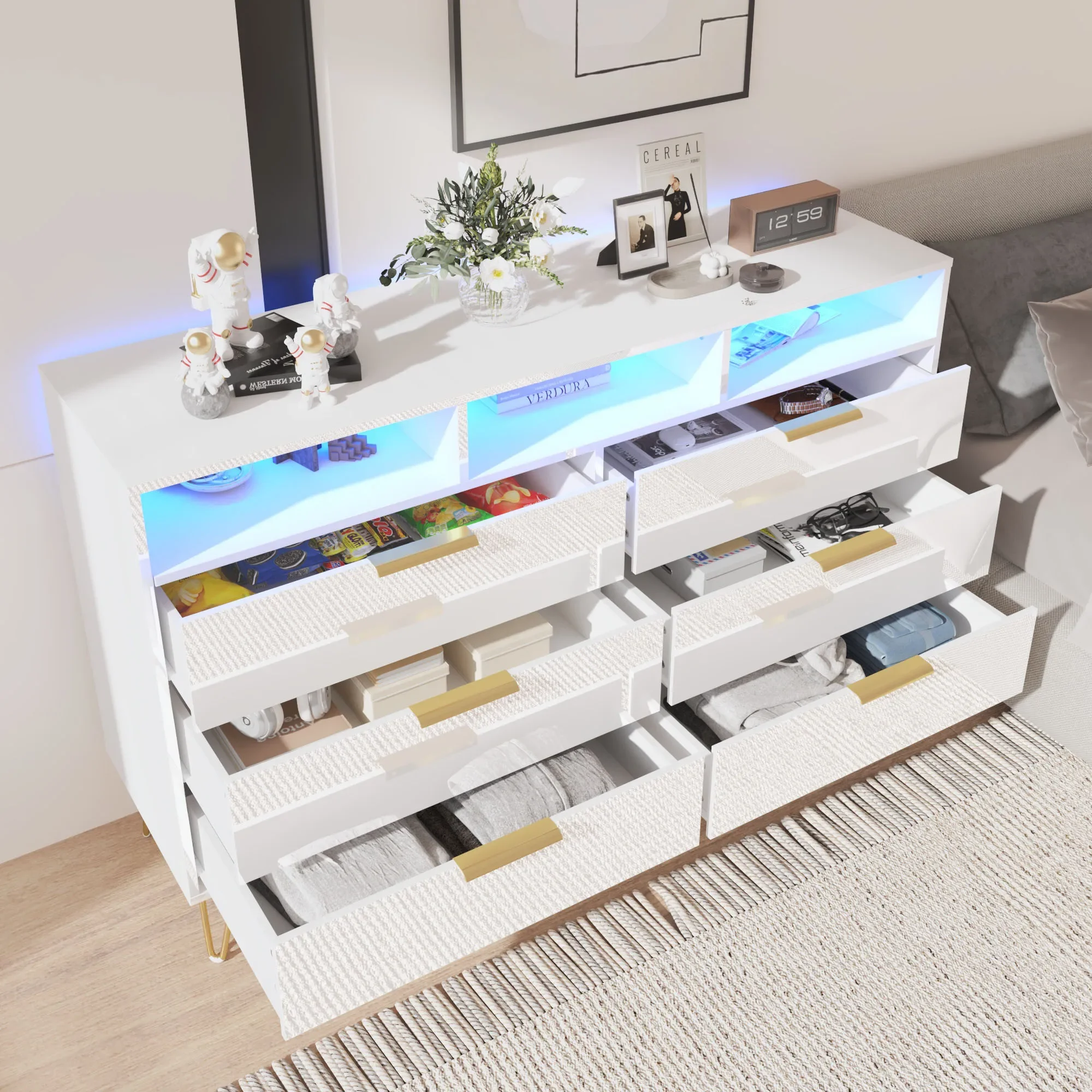 6 Drawers Dresser for Bedroom with LED Lights, High Gloss Chest of Drawers with Metal Legs, Modern Wood Closet Storage Organizer