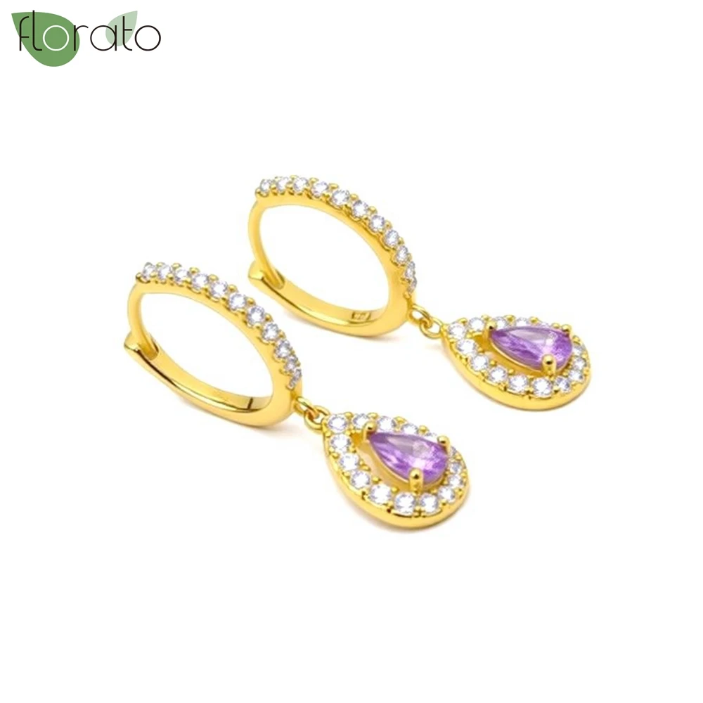 

925 Sterling Silver Needle Delicate Purple Zirconia Water Drop Small Hoop Earrings for Women 2026 New Premium Daily Jewelry Gift