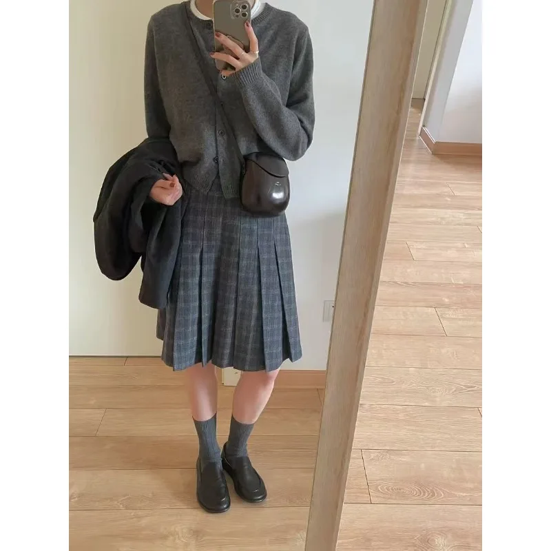 Fashion Academy Hairy Short Skirt Grey Western Style Grid Pleated A-line Half Length Skirt Versatile Female Clothing