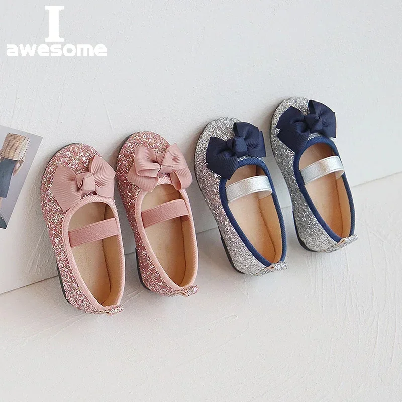 

Toddlers Girls Shoes Glitter Leather Flats For Little Kids Children's Dress Shoes Bow-knot Princess Sweet Loafers Soft For Dance