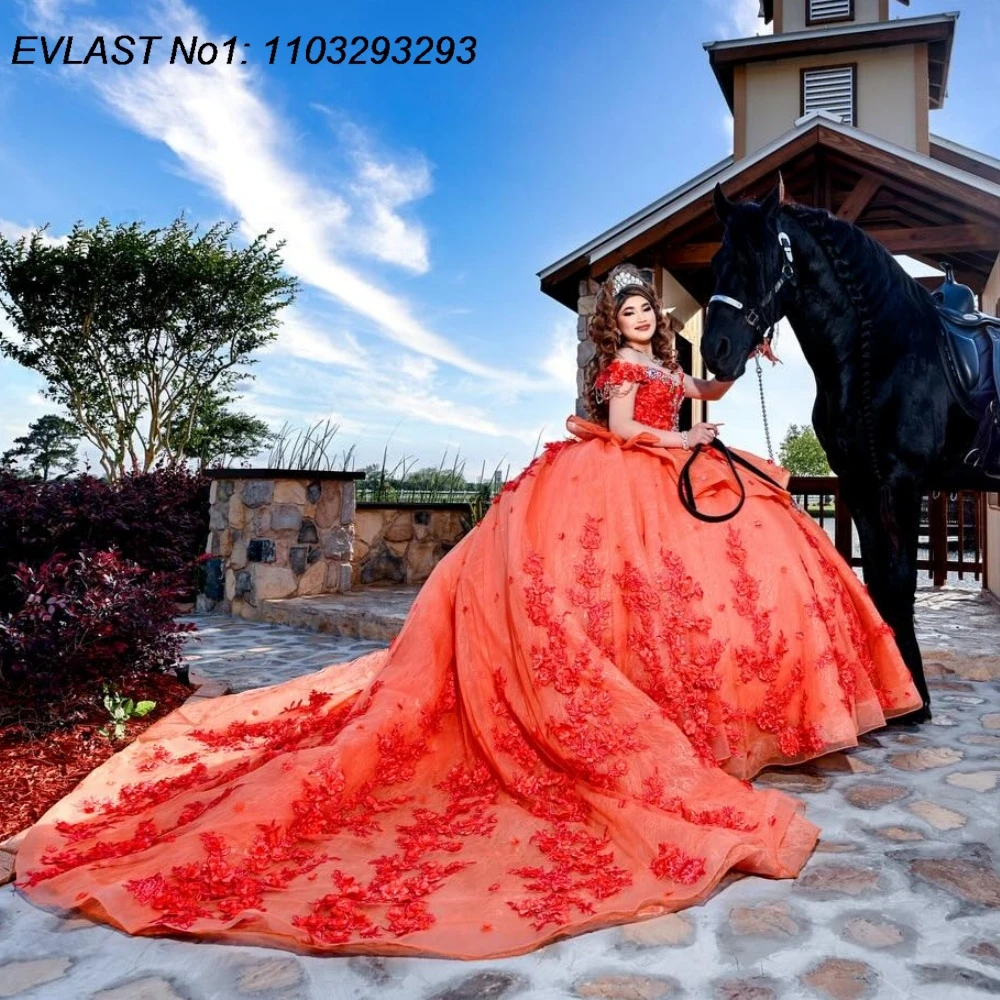 EVLAST personalizado brillante naranja vestido para quinceañeras vestido De baile apliques De encaje Floral rebordear dulce 16 Vestidos De 15 Anos E1QN560