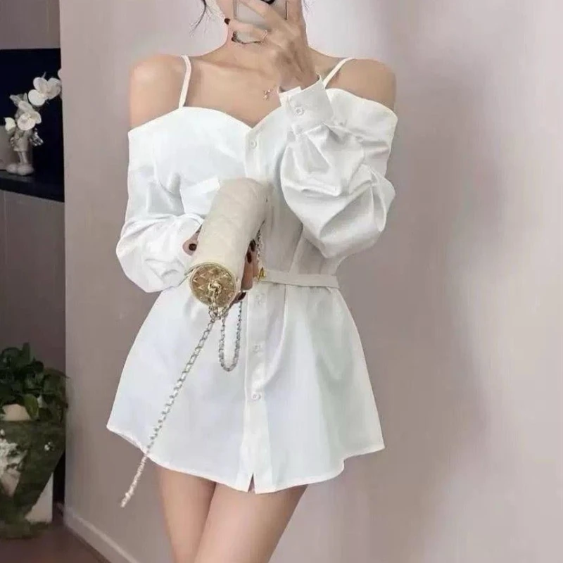 

2026 New Temperament Long Sleeve Shirt Dress Women's Waist Skinny Shoulder Suspender Shirt Short Skirt