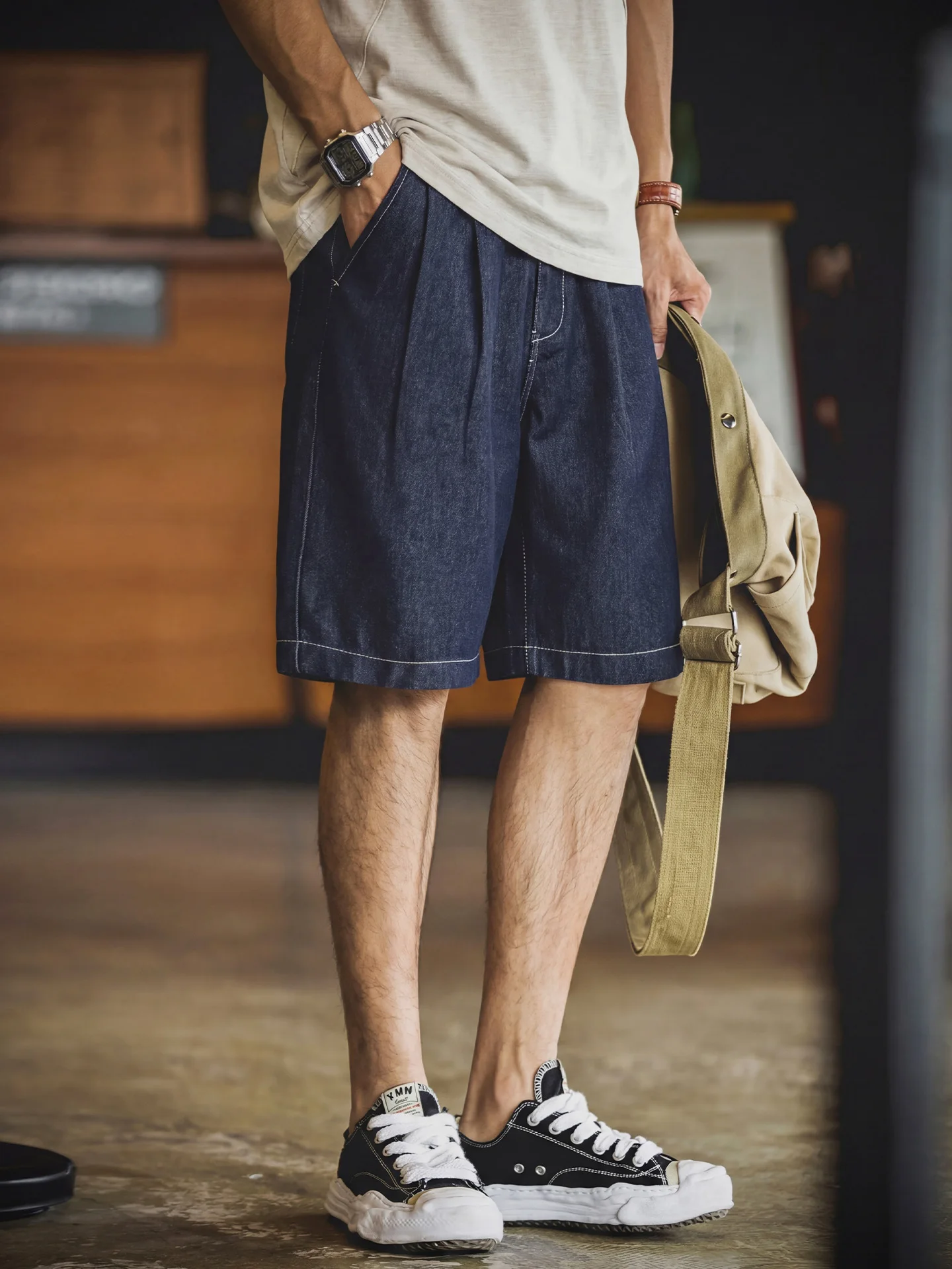 American Retro Men's Denim Shorts Summer Anti-Wrinkle Breathable Straight Leg Workwear Five-Quarter Length Loose Fit Casual