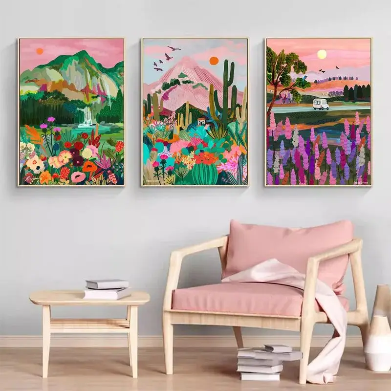 Nordic Flowers Mountain Lake Colorful Nature Landscape Travel Poster Print Canvas Abstract Wall Art Room Home Decor