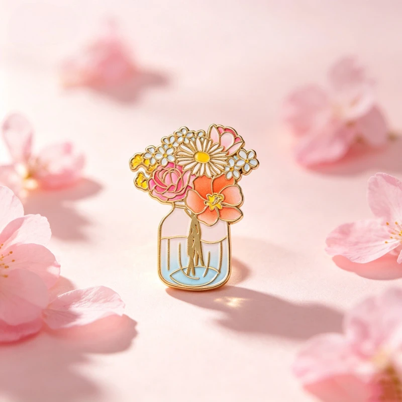 Creative Illustration Vase Flower Design Brooch Commute Alloy Enamel Colorful Bouquet Lapel Pin Badge DIY Clothing Bags Hat Gift