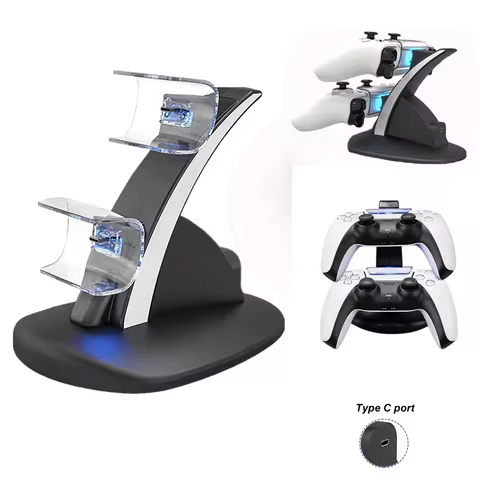 Estação de carregamento rápido dupla para controle sem fio PS5, base de carregamento LED tipo C para acessórios PlayStation 5