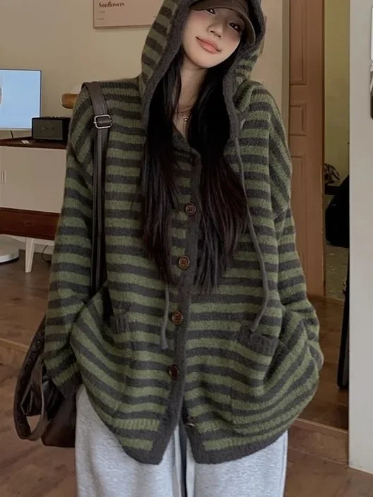 Ladies Casual Style Hooded Color Block Striped Knitted Cardigan Sweater Long Sleeve Warm Outerwear Autumn Winter Loose Fit