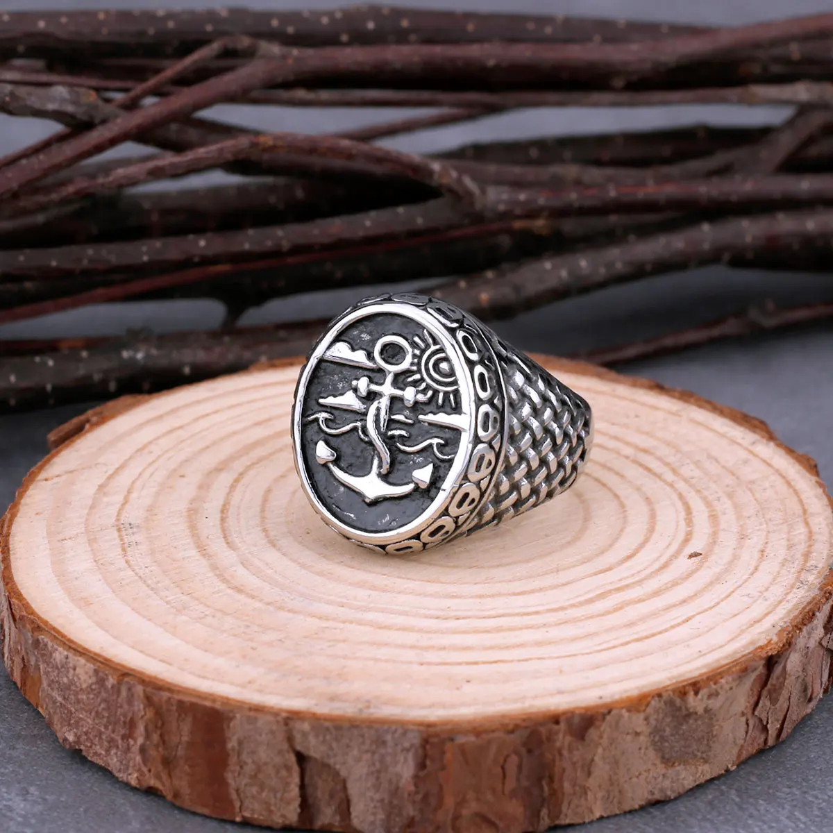 Viking Navigator Anchor Ring Men's Stainless Steel Vintage Nordic Amulet Ring Hip Hop Punk Biker Scandinavian Male Jewelry Gift