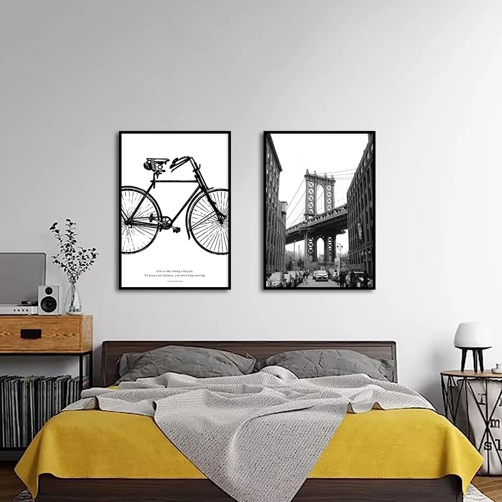 

Life Is Like Riding Bicycle Quote Painting Black White City Landscape Poster Inspiring Wall Art Canvas Print Room Decor Picture
