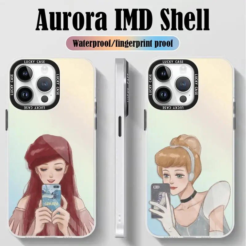 Disney Fashion Princess Girl for iPhone 15 14 13 12 11 pro Max XS XR X 7 8 Iridescent Laser Clear Gradient Matte Phone Case