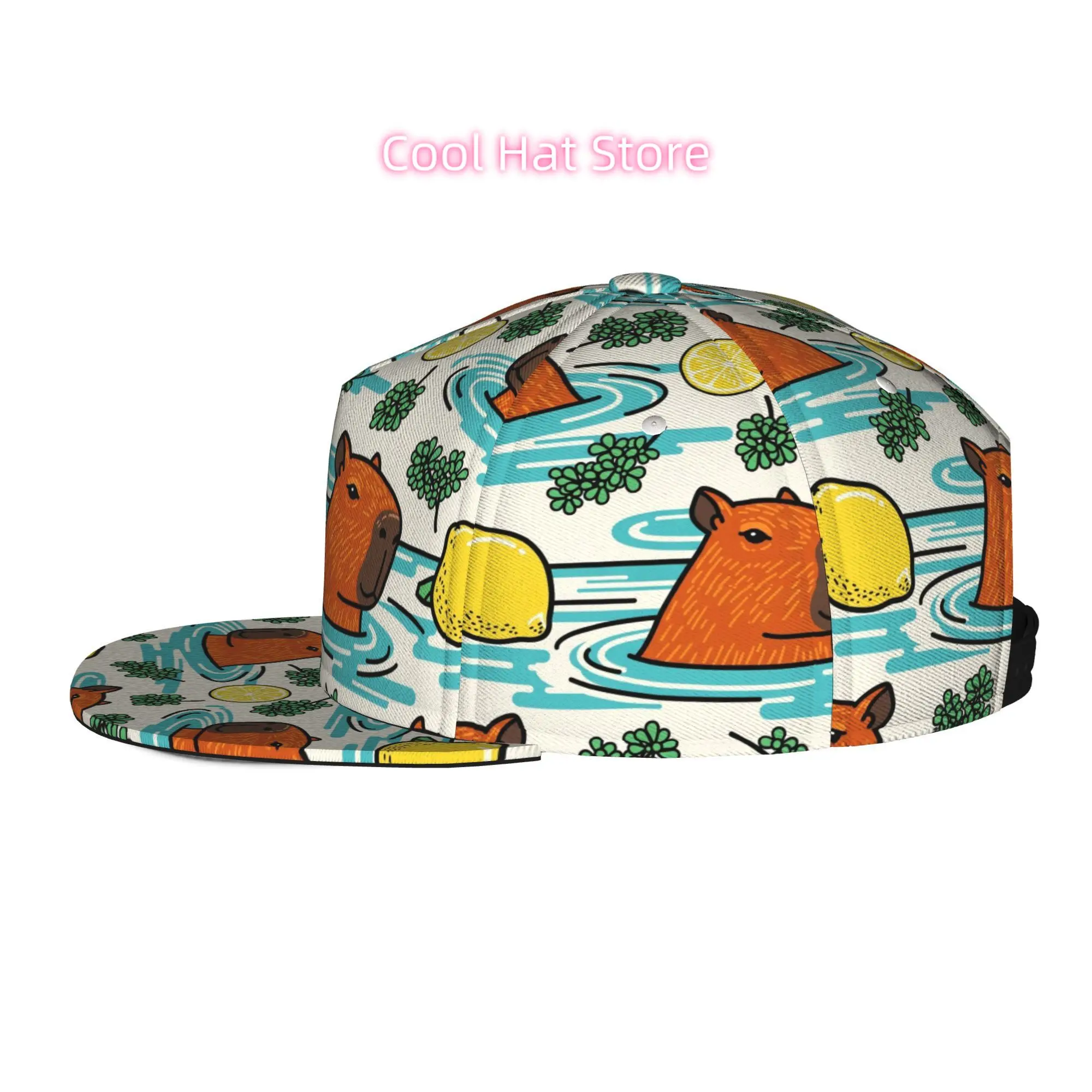 Baseball Caps for Both Men And Women Featuring a Design of a Capybara Swimming Among Lemons And Water Plants. The Adjustable Sna