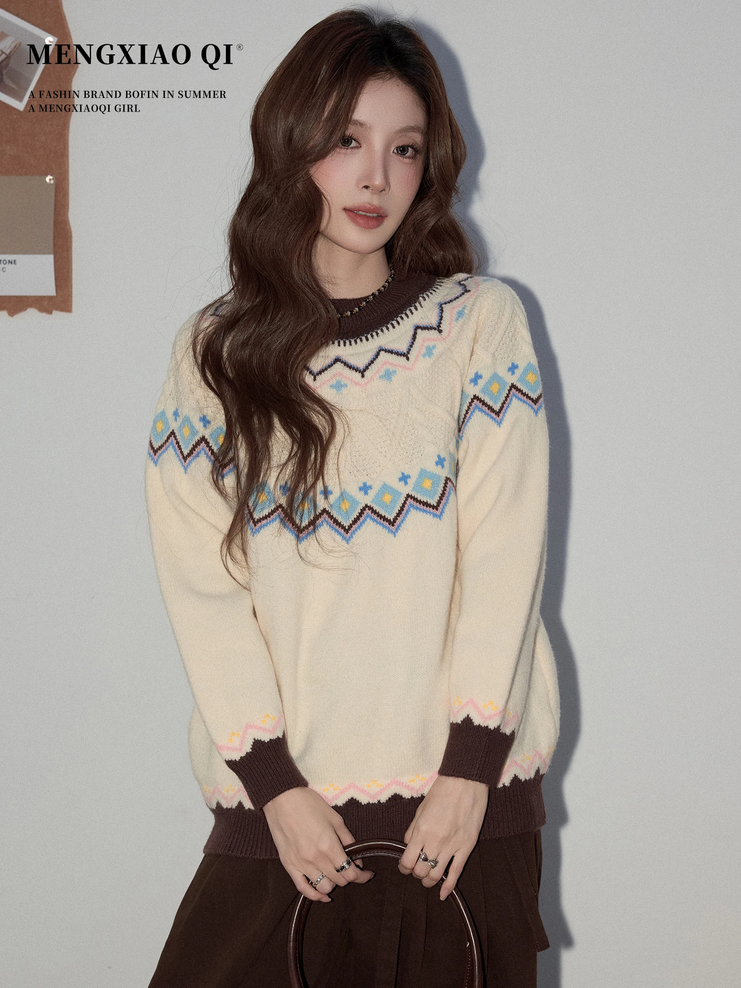 

Женский вязаный свитер Meng Xiaoqi Fair Isle с круглым вырезом, в стиле Color Block, винтажный, осенне-зимний, свободный, в стиле Lazy Sle