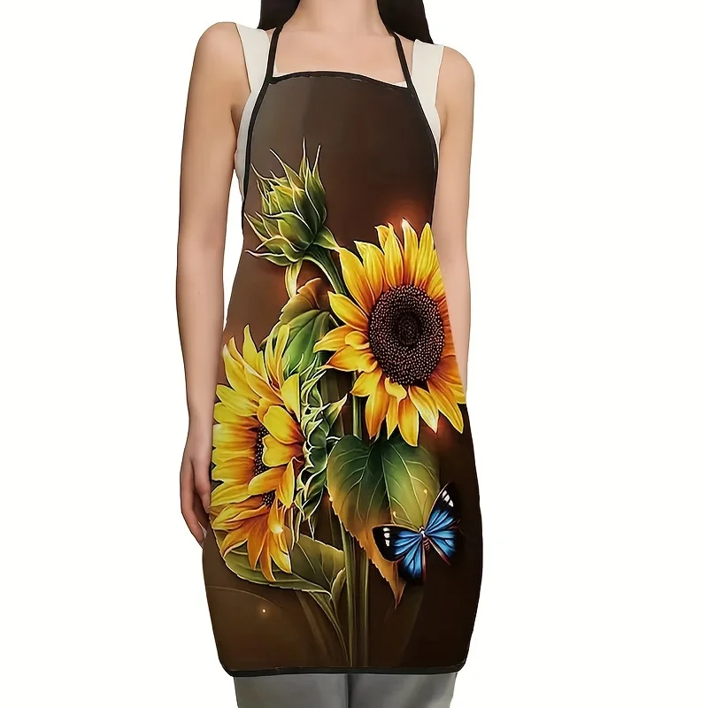 Floral Patterned Sunflower Apron for Thanksgiving - Woven Polyester Kitchen Apron, Oil and Stain Resistant