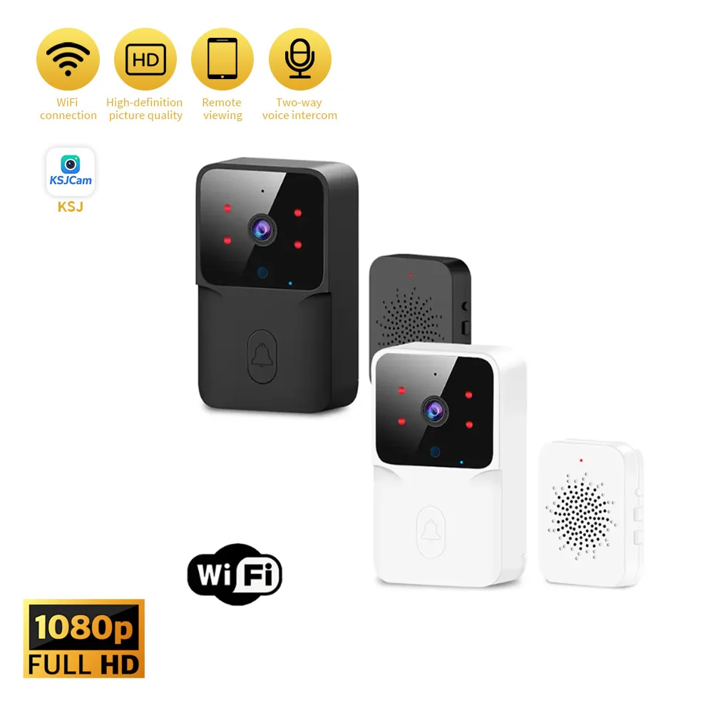 جرس باب ذكي يعمل بالواي فاي، كاميرا لاسلكية عالية الدقة مع إنذار أمان للرؤية الليلية بالأشعة تحت الحمراء، اتصال داخلي منزلي، أسود أو أبيض #1