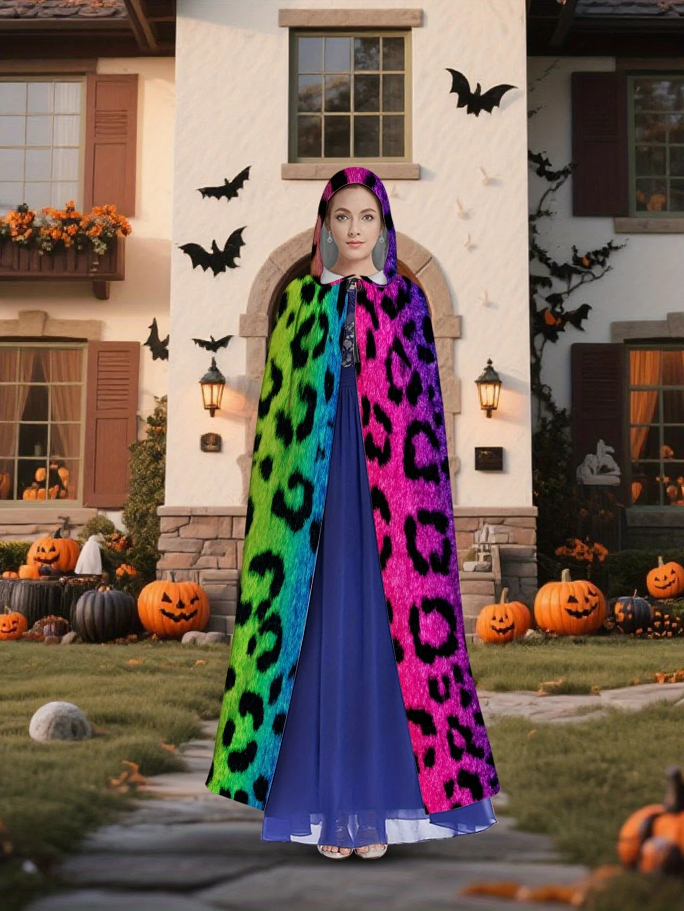 2D Flat Printed Hooded for Cape Made of Leopard Rainbow Suitable for Masquerade Camping Themed Parties And Halloween Festivals