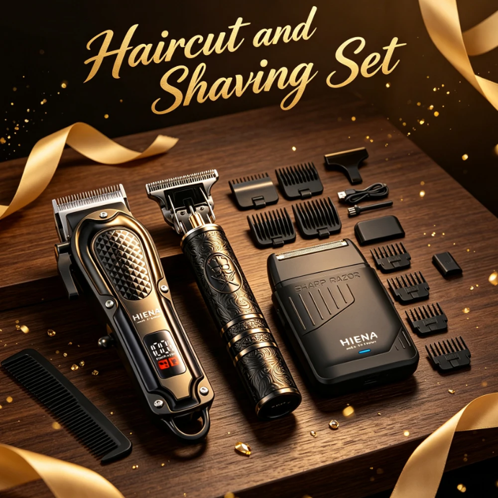 HIENA 3pcs Haircutting Machine Barbers and Home Use Gift Professional Hair Shaver T9 Trimmer Electric Razor Shavers for Men