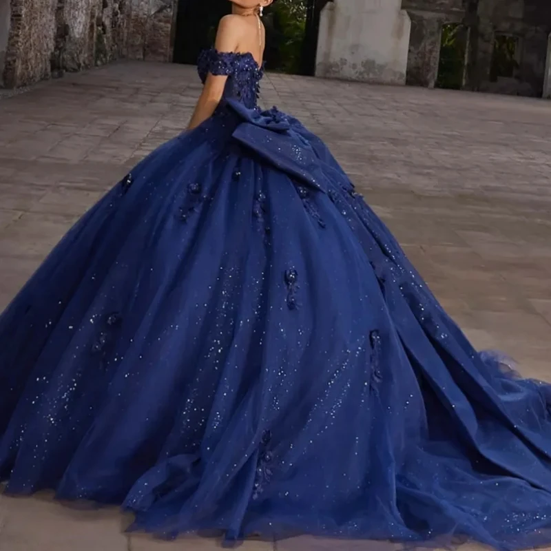 

A3077 Mexican Navy Blue Women Birthday Party Dress Flower Big Bow Train Ball Gown Prom Occasion Wear 15 16 QuinceaneraCustomized